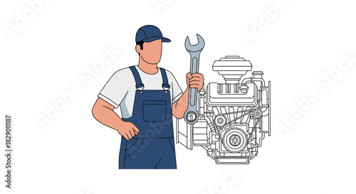Skilled mechanic repairing engine with wrench, professional auto service and maintenance