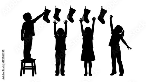 Excited children reach for Christmas stockings, holiday anticipation and festive cheer