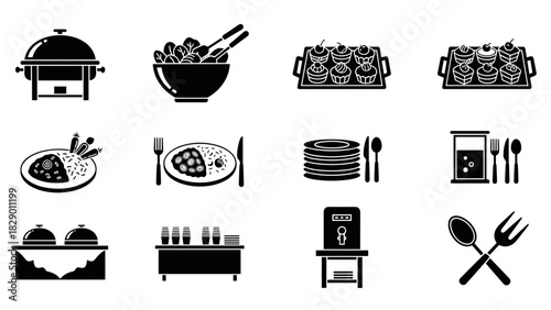 Elegant buffet food service vector icons for catering events, parties, and restaurants