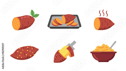 Sweet potato delights collection, healthy eating, vibrant food illustrations for autumn designs