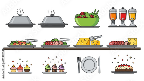 Buffet selection of delicious foods, salads, desserts and drinks for event celebration