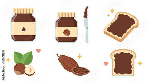 Delicious hazelnut spread icons for breakfast, toast, snacks, baking and sweet treat fun