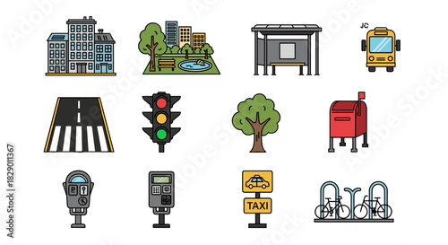 City street icons for urban planning, transportation, and community design projects
