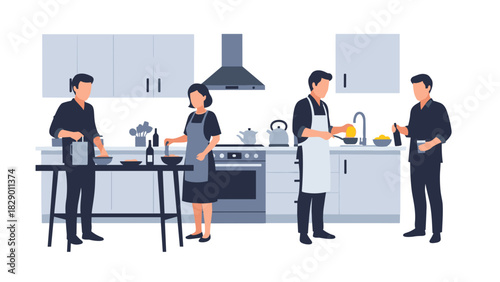 Family teamwork preparing delicious gourmet meal together in modern bright home kitchen