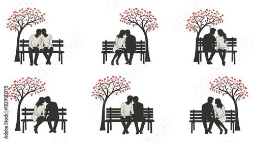 Romantic couples sitting on park benches under heart-shaped trees, love and connection