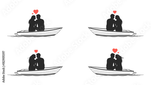 Romantic escape on the water, couples in love boating, intimate moments, vector design