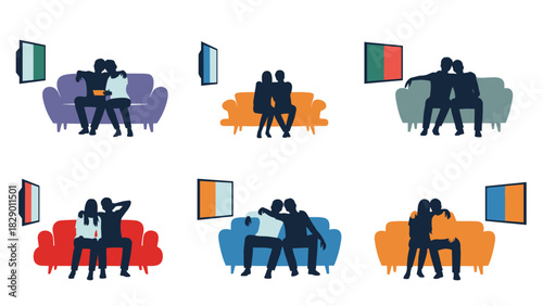 Cozy evenings watching television together, couples bonding in comfortable living rooms