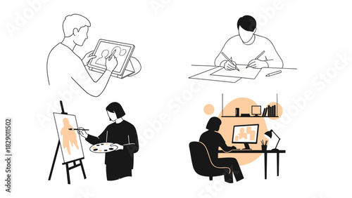 Creative artists sketching, drawing, and painting, expressing diverse artistic talents, skills