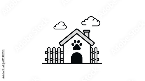 Adorable pet house with paw print, cozy home for beloved dog or cat, simple line art