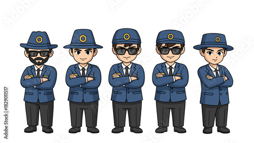 Diverse team of confident security guards ready for action in vector style illustration