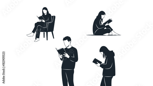 Engrossed readers enjoying books in cozy spots, perfect for study and learning moments