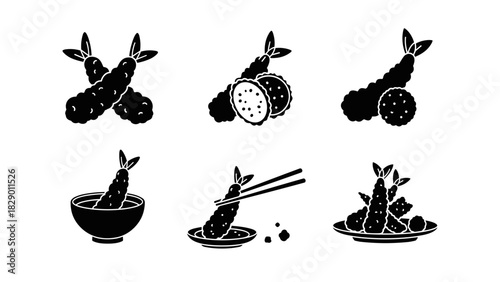 Tempura shrimp icons set, Japanese deep fried seafood, scalable vector graphic for menus