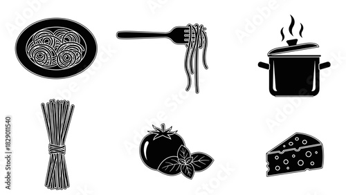 Delicious pasta ingredients ready for cooking, simple Italian culinary experience icon set