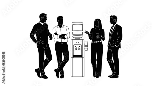 Team building at water cooler discussing business strategy, fostering collaboration dynamic