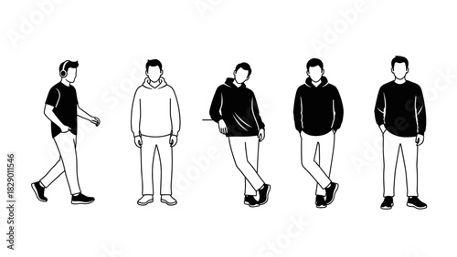 Modern men in casual wear, stylish diverse poses, line art figures for creative designs