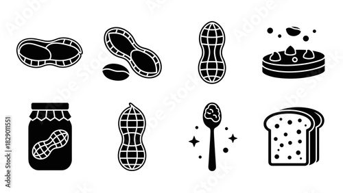 Peanut butter icons set delicious food elements snack ingredients vector illustration