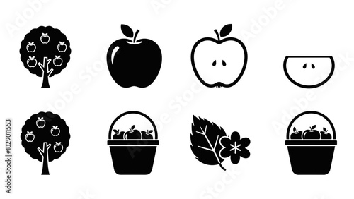 Harvest season bounty fresh apple icons tree orchard organic produce vector graphic design