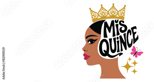 Mis Quince Quinceañera Design featuring Elegant Girl Silhouette with Crown, Butterfly, Gold Stars, Feminine Birthday Celebration Artwork for Sweet 15 Party Decorations and Latin Festive Themes Print