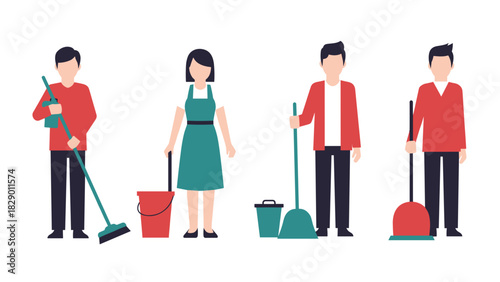 Efficient cleaning crew ready for action, professional maintenance service team at work