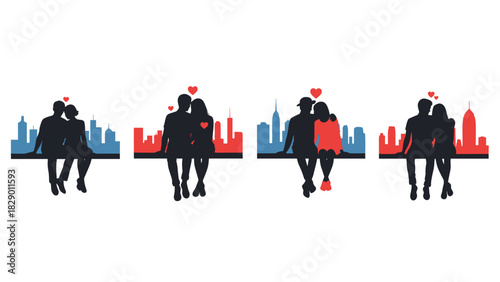 Romantic couples embracing cityscape skyline silhouette vector art for love and valentine's