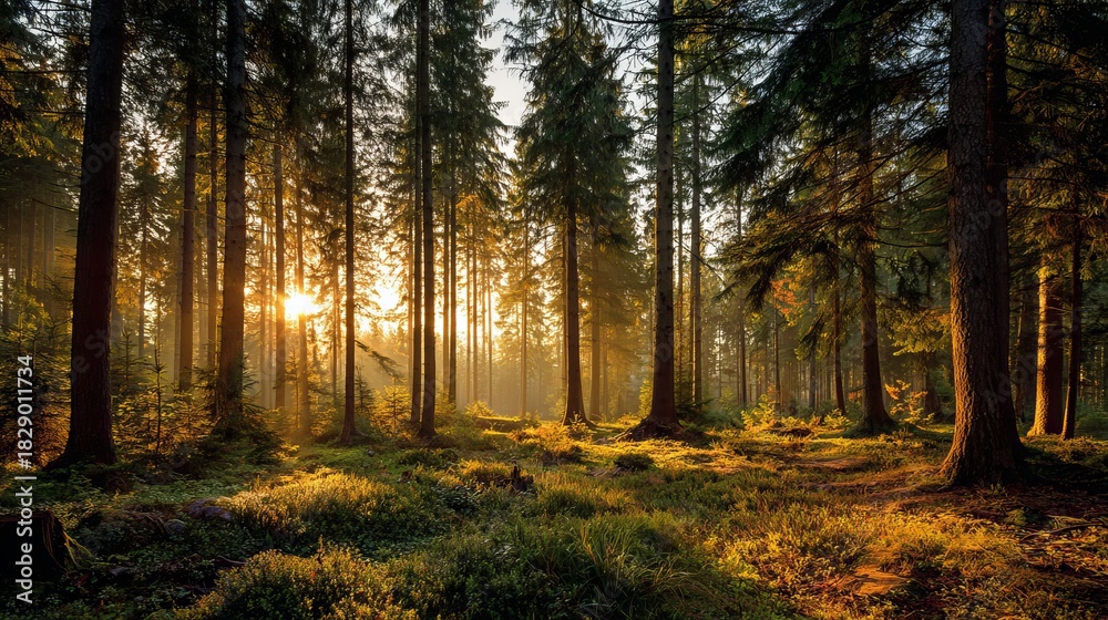Fototapeta premium Stunning golden sunlight filters through tall trees in a peaceful forest, creating a vibrant and dynamic natural landscape backdrop