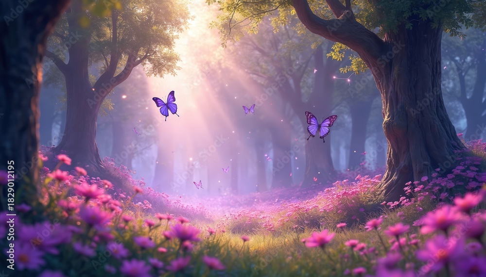 Naklejka premium Magical forest illustration presents dreamy scene. Butterflies flutter above vibrant pink flowers. Sunlight streams through trees creating enchanting atmosphere. Blossoms bloom in fairy tale setting.