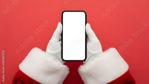 Santa claus hands in white glove holding modern smartphone with blank white screen against bright red background