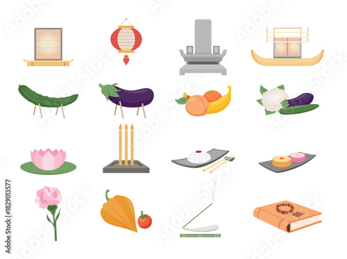 A vector set of various traditional attributes of the Japanese Bon festival. Elements include lanterns, food offerings, and floral arrangements symbolizing remembrance.