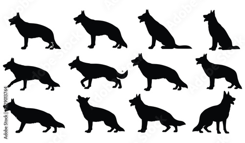 German shepherd dog silhouettes in various poses, canine breed set Vector