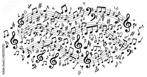 Hand drawn musical notes and symbols flowing on staffs artistic background Vector