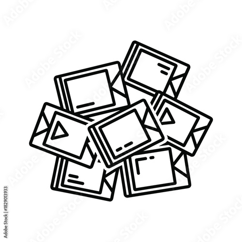 Pile of envelopes with play button icons, representing messages, communication, or media content