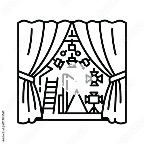 Stage with open curtains, revealing various lighting equipment and a ladder, representing theater production