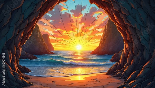 Vibrant stylized sunset over ocean panorama seen from dark cave mouth. Orange sun dips into sea, illuminating water waves, sandy beach with golden light. Steep jagged rock cliffs frame scenic horizon