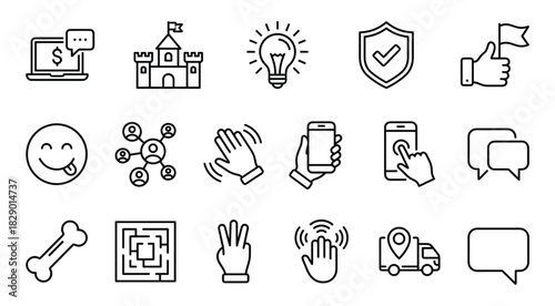 Line icons for e-commerce, gamification, mobile interaction, social networking, playful expression, vector, flat, minimal, black, white, clean