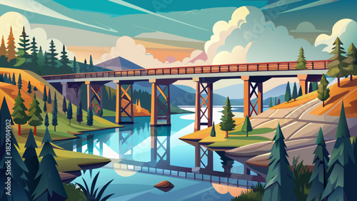 Very beautiful railroad trestle spanning a calm river, with gentle reflections, soft natural light, forested riverbanks, and peaceful surroundings capturing quiet industrial architecture within a natu