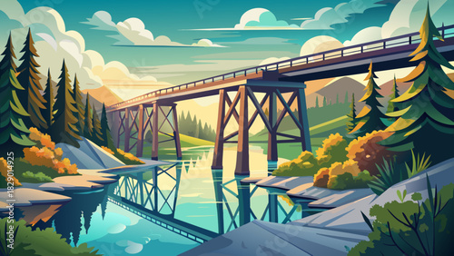 Very beautiful railroad trestle spanning a calm river, with gentle reflections, soft natural light, forested riverbanks, and peaceful surroundings capturing quiet industrial architecture within a natu