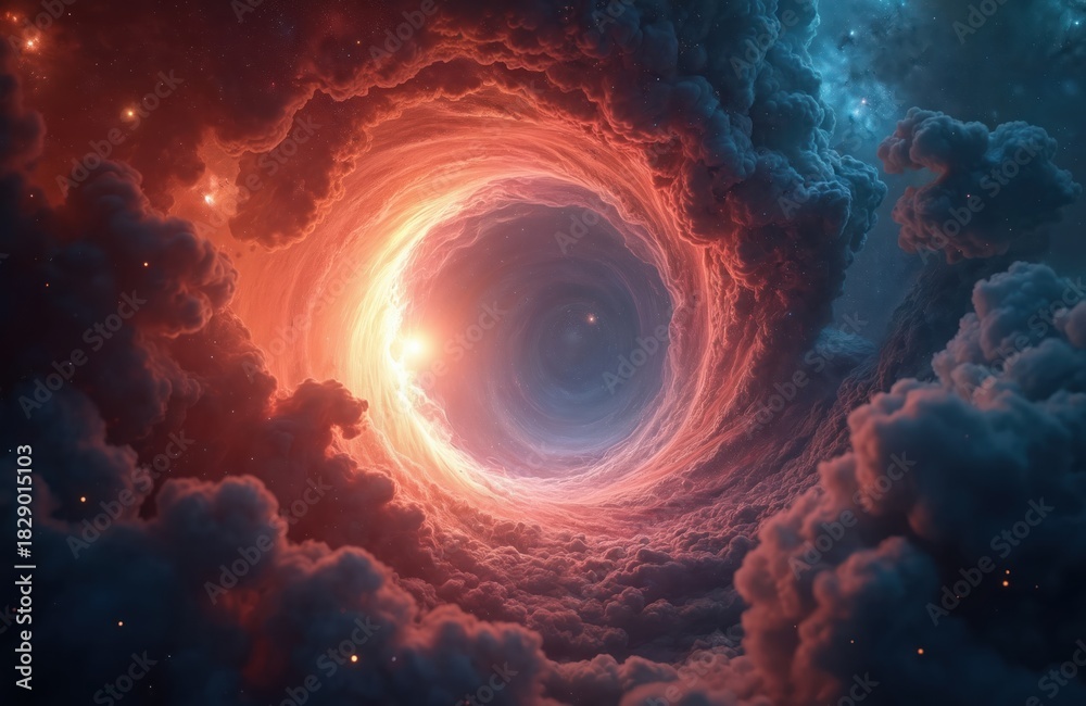 Fototapeta premium Vast cosmic tunnel vortex glows with bright light. Nebulae swirl in deep space among stars. Fantasy portal to another dimension opens in dark universe.