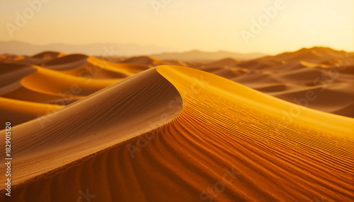 Fototapeta Naklejka Na Ścianę i Meble -  Golden sand dunes under a warm sunset sky in a vast desert landscape