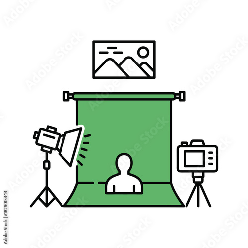 Photography studio setup with green screen, camera, and lighting for content creation