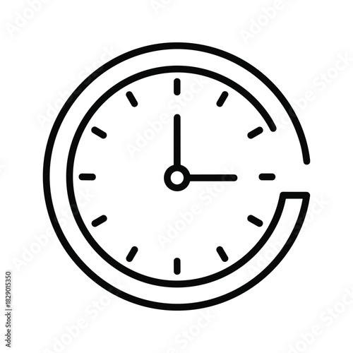 Simple black and white line art icon of a clock showing time