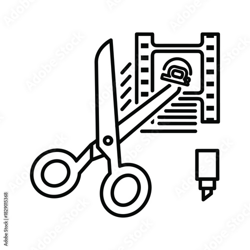 Video editing concept with scissors and film strip, isolated on