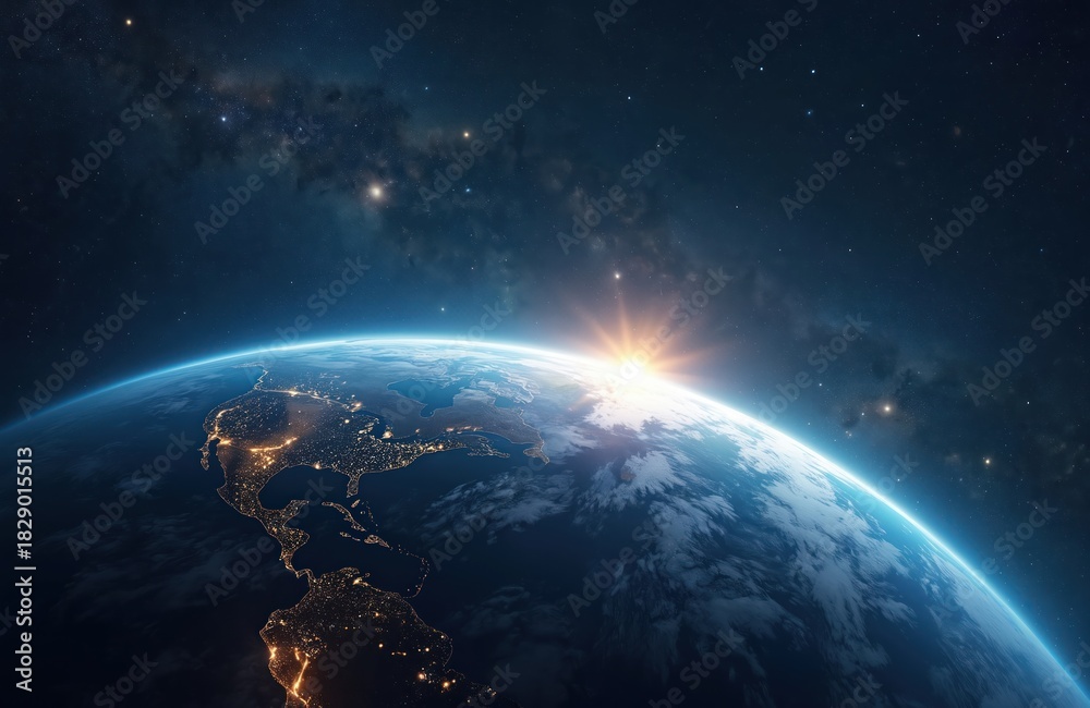 Fototapeta premium Planet Earth glows with city lights at sunrise seen from space. Vast star filled galaxy surrounds our blue home. Deep space and night sky with copy space.