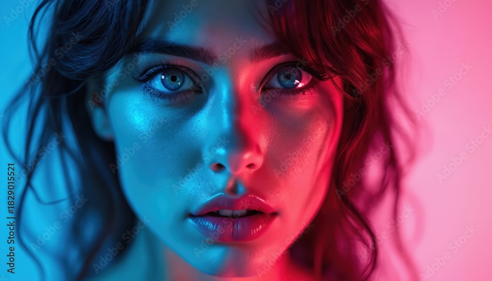 Fototapeta premium Close up portrait of girl face in vibrant lighting. Woman has blue eyes and dark curly hair. Lighting is split with blue and red tones. Glamorous, artistic and creative color.