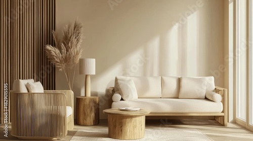 Minimal modern living room with light wood furniture, soft cream sofa, natural textures, warm sunlight, and serene neutral decor, idea for interior design projects and home decor presentations