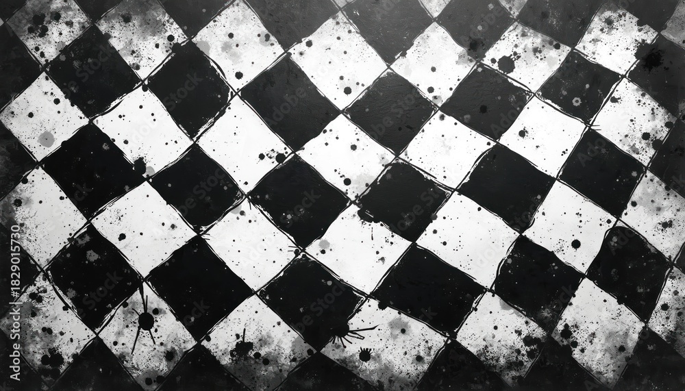 Obraz premium Abstract grunge chequered flag pattern with black and white squares. Ink splatters and brush strokes add distressed texture. Modern graphic design for auto sport or victory themes.
