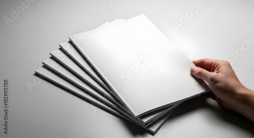 Hand holding a stack of blank paper sheets mockup