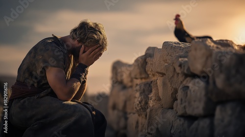 Peter weeps bitterly at dawn after denying Christ, as the rooster crows in Jerusalem, a moment of deep remorse that reveals human weakness, repentance, and the hope of divine forgiveness