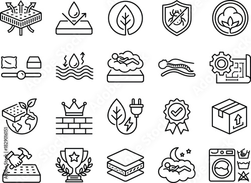 Line icons for mattress features, bedding benefits, sleep comfort, eco materials, durability, vector, flat, minimal, black, white, clean