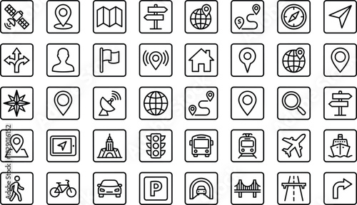 Line icons for navigation, transportation, location services, travel, infrastructure, mobility, UI, vector, flat, minimal, black, white