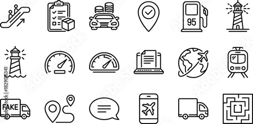 Line icons for transportation, navigation, logistics, travel services, mobility, communication, UI, vector, flat, minimal, black, white